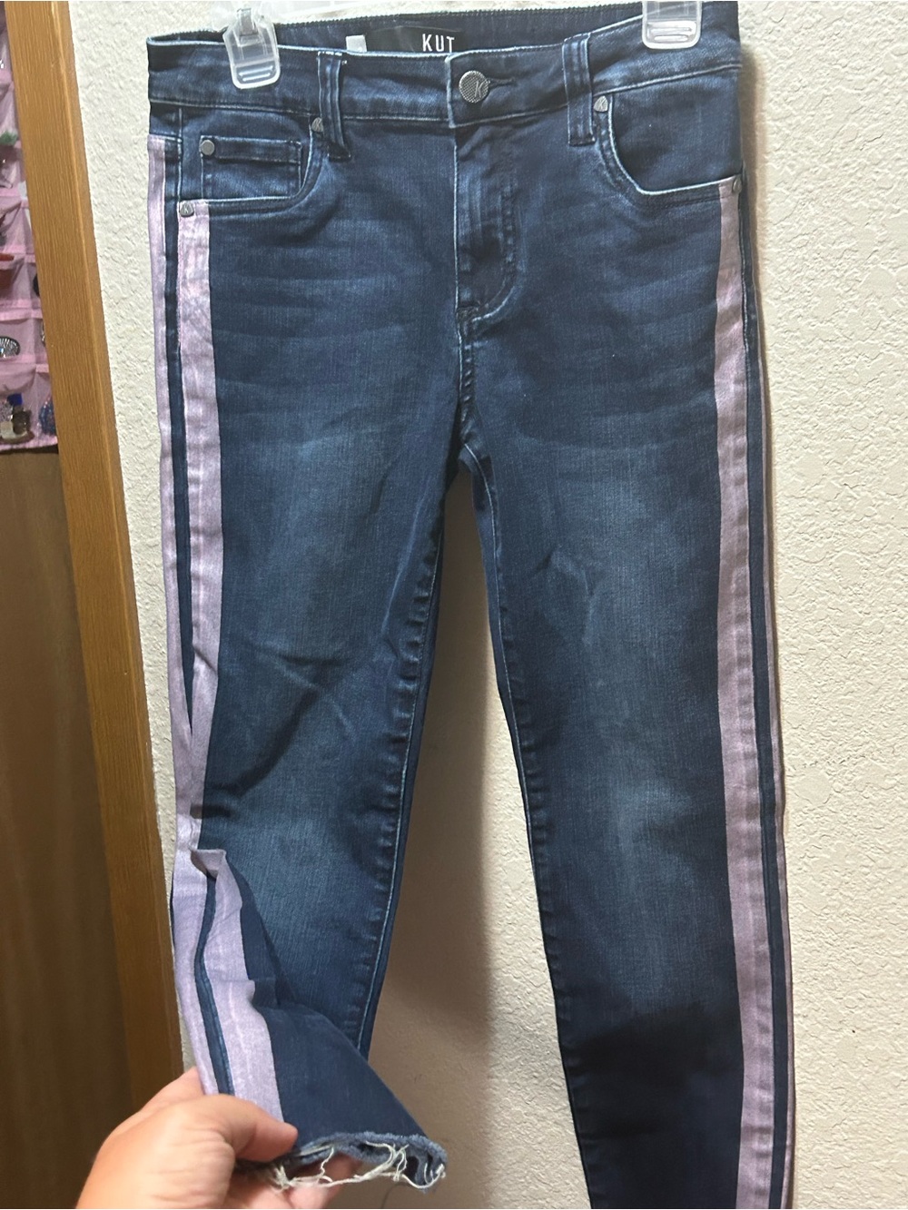 Kut from the Kloth Dark Indigo Ankle Jeans with Pink Side Stripes
